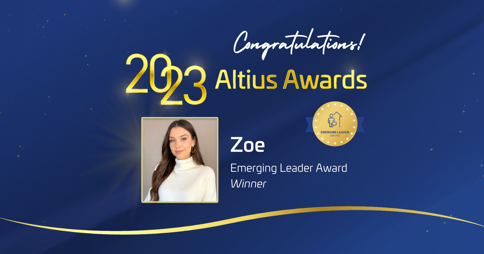 Zoe wins Emerging Leader award at the 2023 Altius Awards